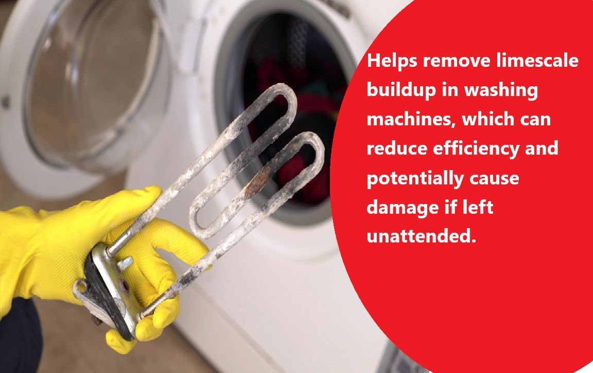 Helps remove limescale buildup in washing machines, which can reduce efficiency and potentially cause damage if left unattended.